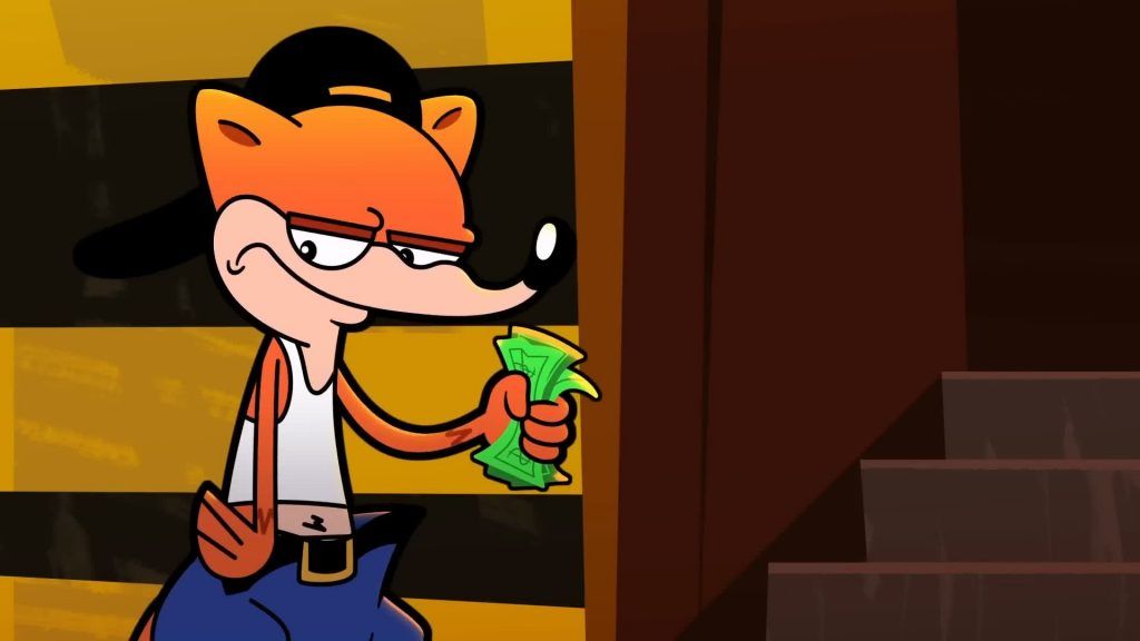 Dickhead Weasel усмехается, держа стопку наличных у лестницы, в Catching Up.