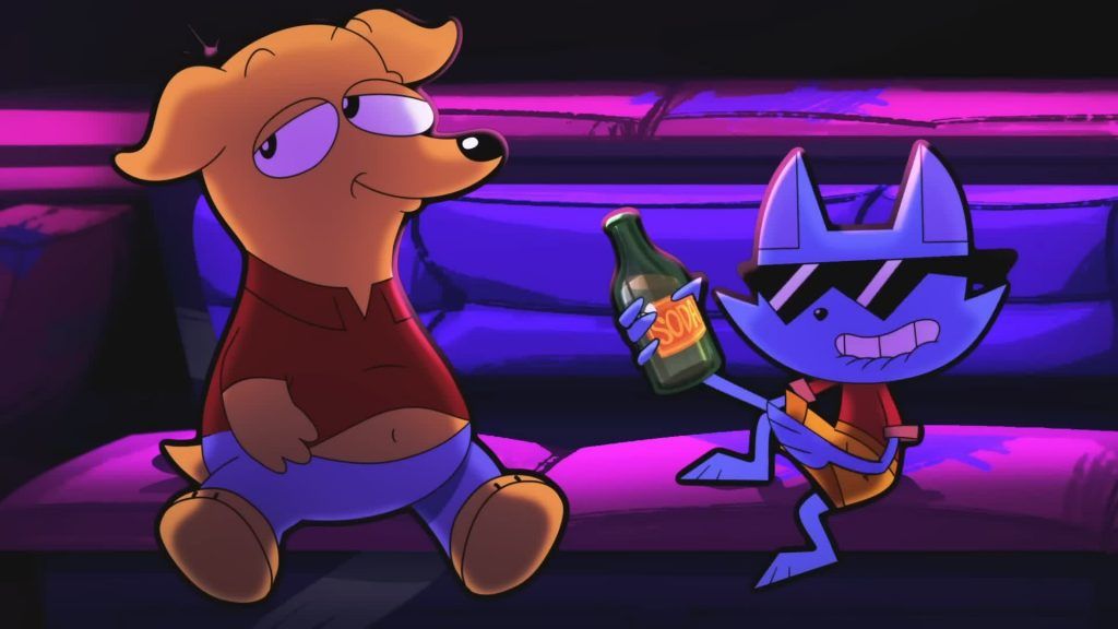 Cool Cat и Dog Buddy сидят на неоновом диване, Cool Cat держит бутылку лимонада, в Catching Up.