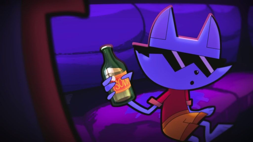 Cool Cat расслабленно лежит на фиолетовом диване, держа бутылку лимонада под неоновым светом, в Catching Up.