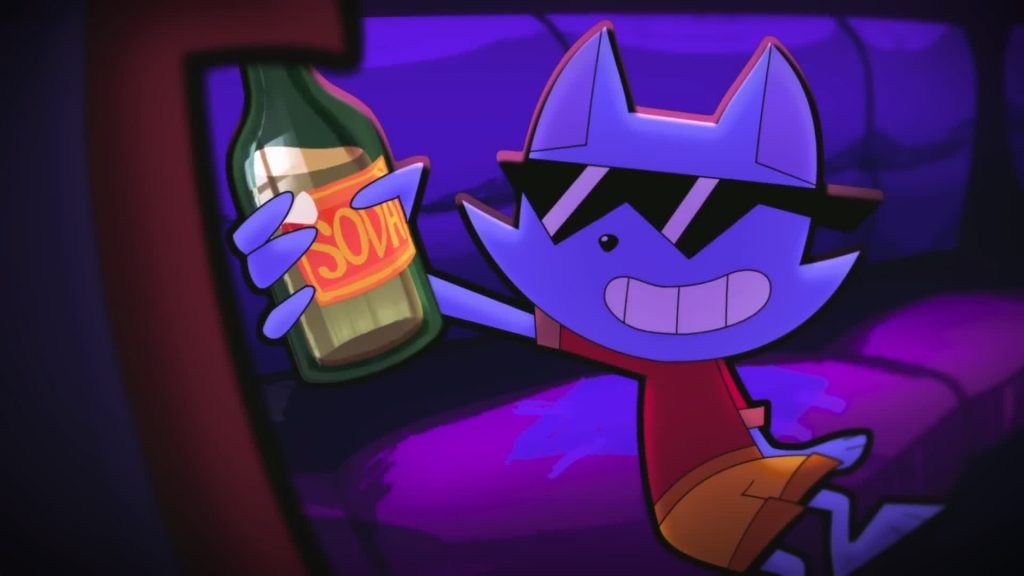 Cool Cat уверенно улыбается, поднимая бутылку лимонада к камере, в Catching Up.