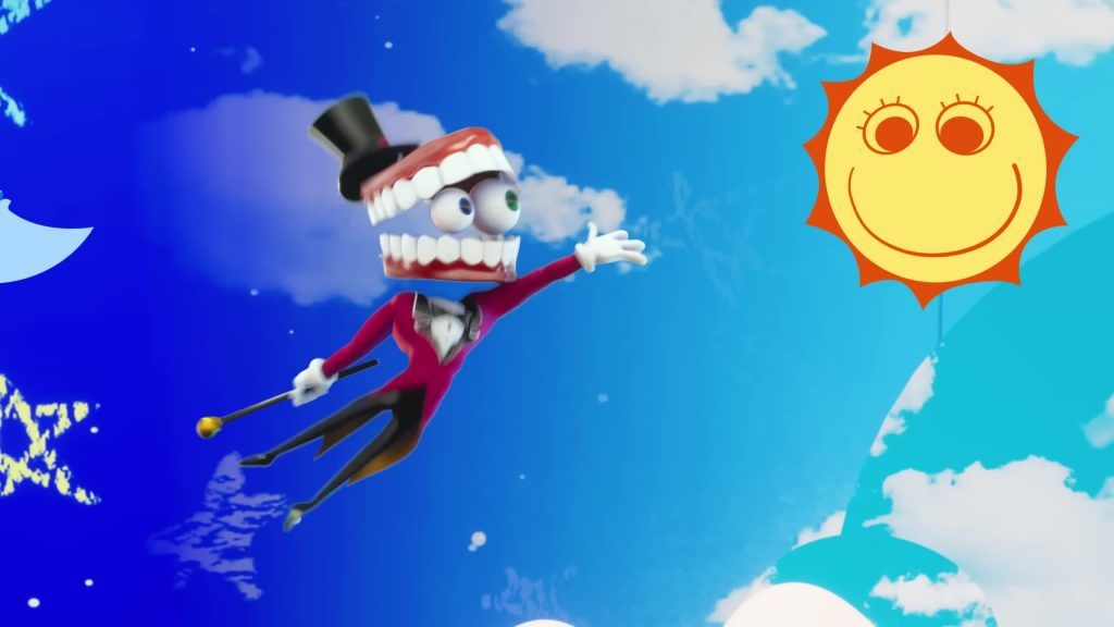 Caine летит к улыбающемуся солнцу в ярком небе Digital Circus.