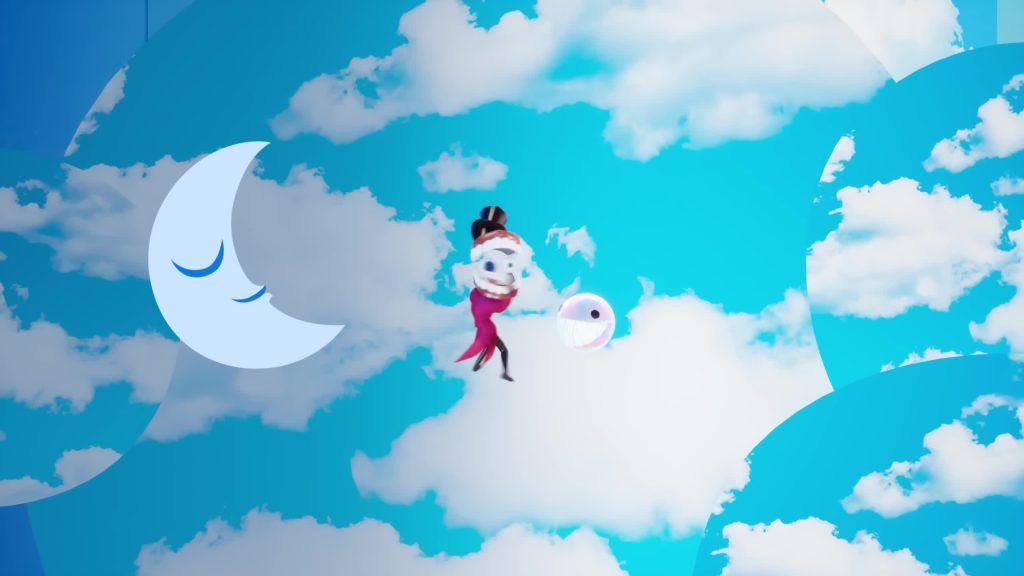 Caine парит среди облаков рядом с улыбающейся Moon в небе Digital Circus.