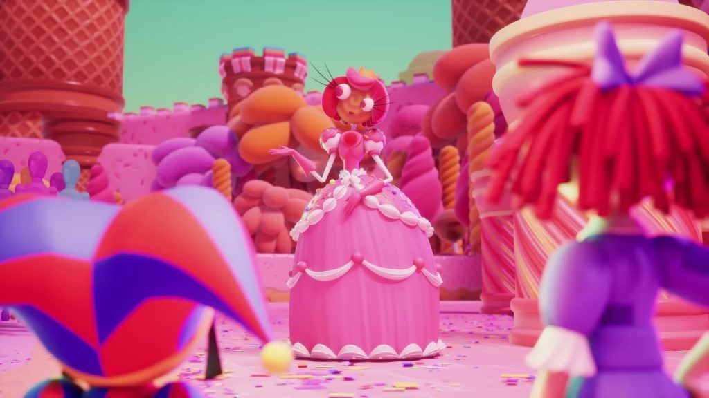 Princess Loolilalu разговаривает с Pomni и Ragatha перед своим конфетным замком в Digital Circus.