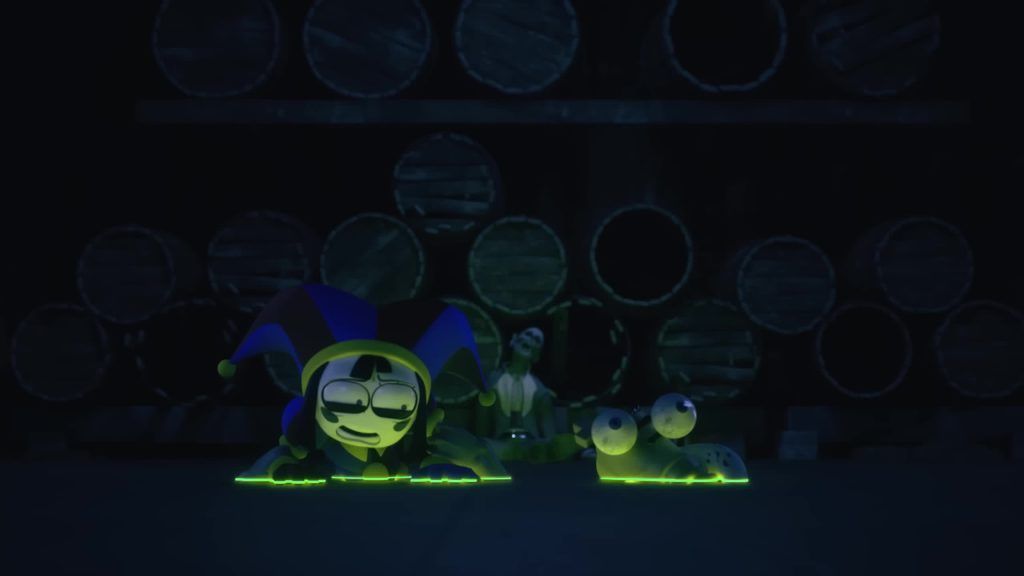 Pomni и Kinger ползут мимо тела Baron Mildenhall в погребе Digital Circus.