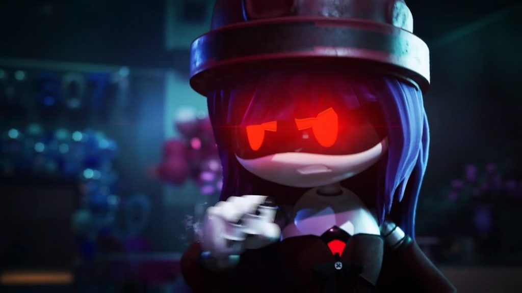 Doll стоит уверенно со светящимися красными глазами и дымом, поднимающимся из её руки в тёмной комнате