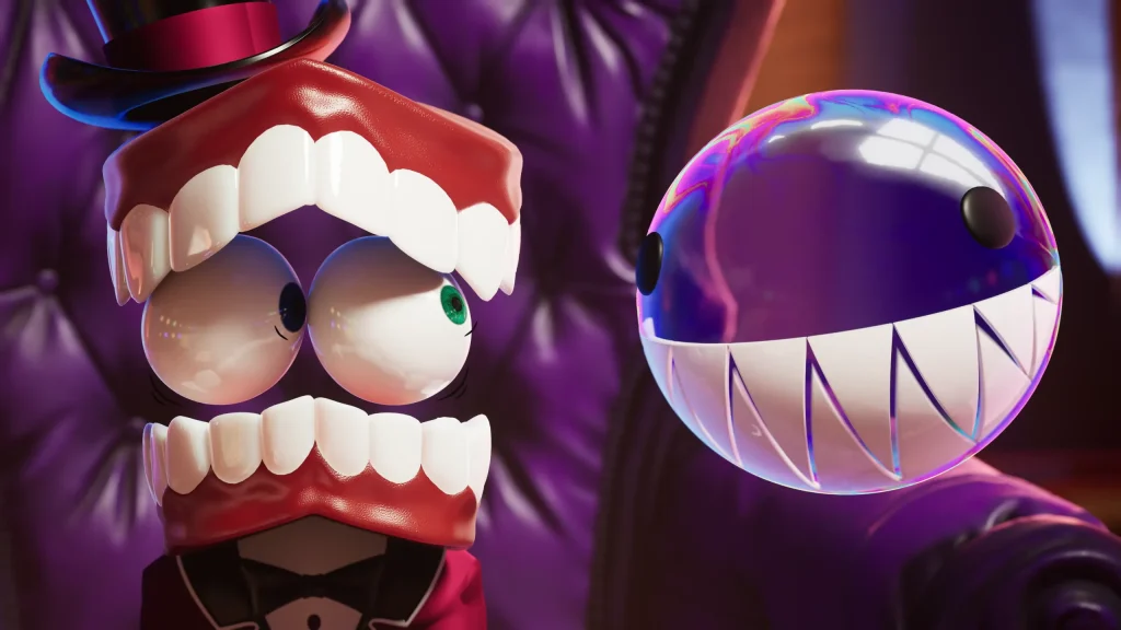 Bubble парит близко к Caine в ярко освещённом офисе в Digital Circus