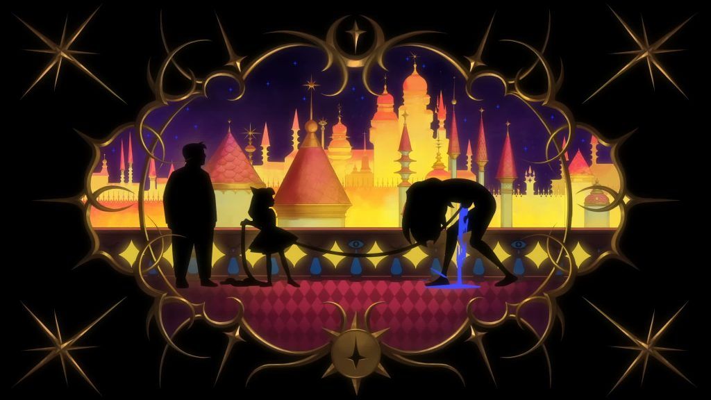 Силуэты Орвилла, юной Оливии и Гвиневеры обрамляют сказочный город в Knights of Guinevere.