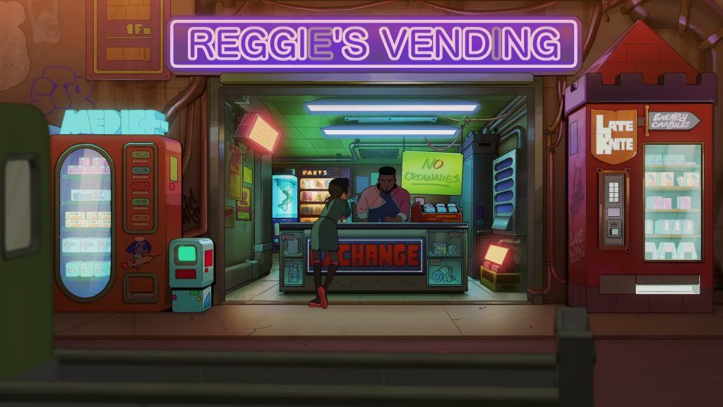 Реджи обслуживает свой неоновый магазин Reggie's Vending, пока подходит покупатель, в Knights of Guinevere.