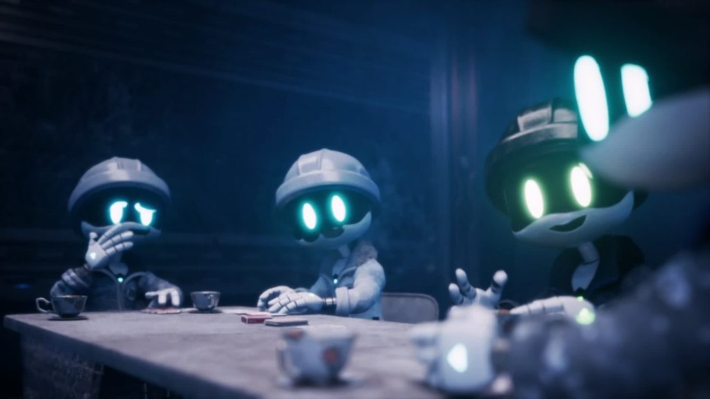 Рабочие дроны Todd, Makarov и Braxton сидят за карточным столом в Murder Drones.
