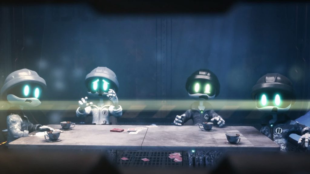 Todd, Makarov и Braxton поднимают взгляд от карточной игры за Дверью 1 в Murder Drones.