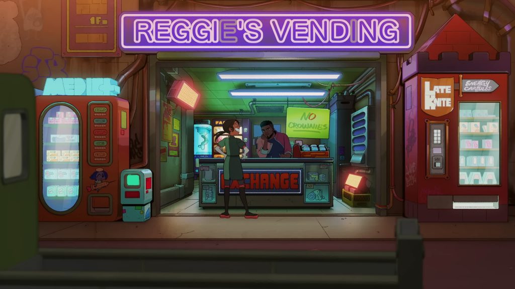 Andi стоит снаружи торгового киоска Reggie под яркой неоновой вывеской из Knights of Guinevere.