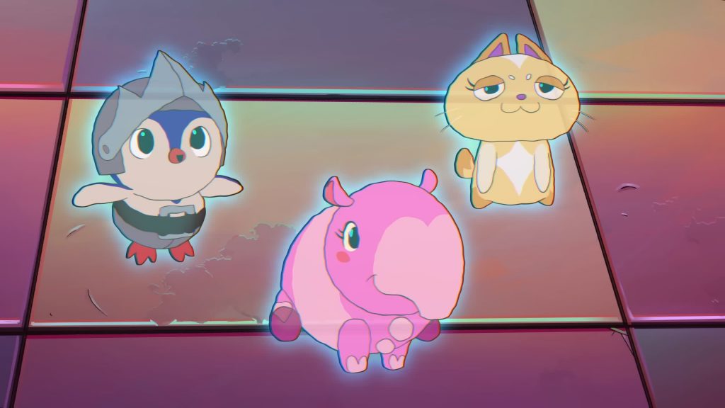 Космический Пингвин (Pengu), Puffpig (Космический Тапир) и Catbot стоят на светящемся полу - Knights of Guinevere