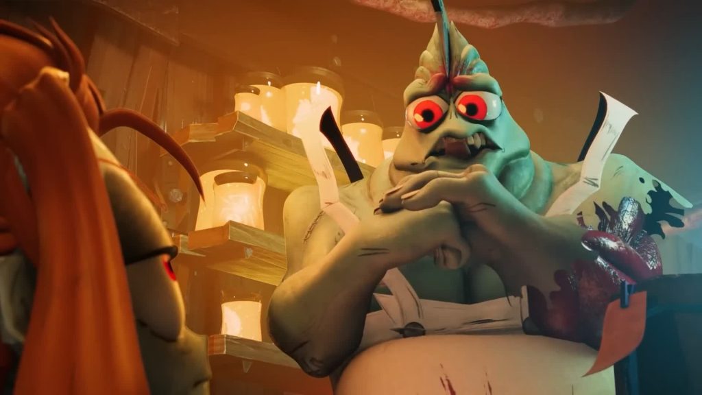 Ken the Butcher торжественно говорит с Melancholy Hill через стойку лавки - The Gaslight District